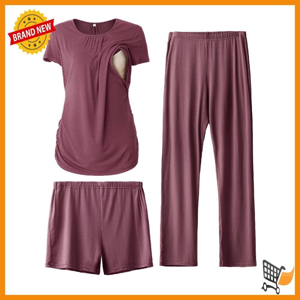 Maternity Nursing Pajamas Set 3-Piece Short Sleeve Top Shorts Pants